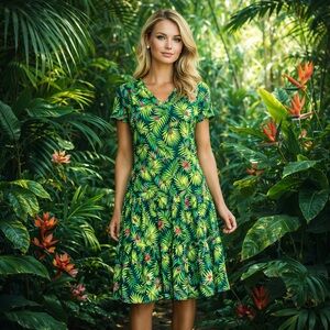 Land’s End Dress Short sleeve tiered dress Baltic teal palm knit pockets Med T